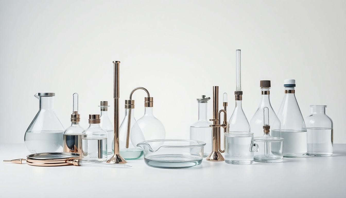 A high-end, photorealistic studio still-life photograph featuring a collection of premium, polished metal and glass laboratory equipment and tools, such as beakers, pipettes, and petri dishes, arranged elegantly on a clean, monochromatic seamless background, conceptually representing the advanced scientific capabilities being deployed to combat the New World Screwworm pest.