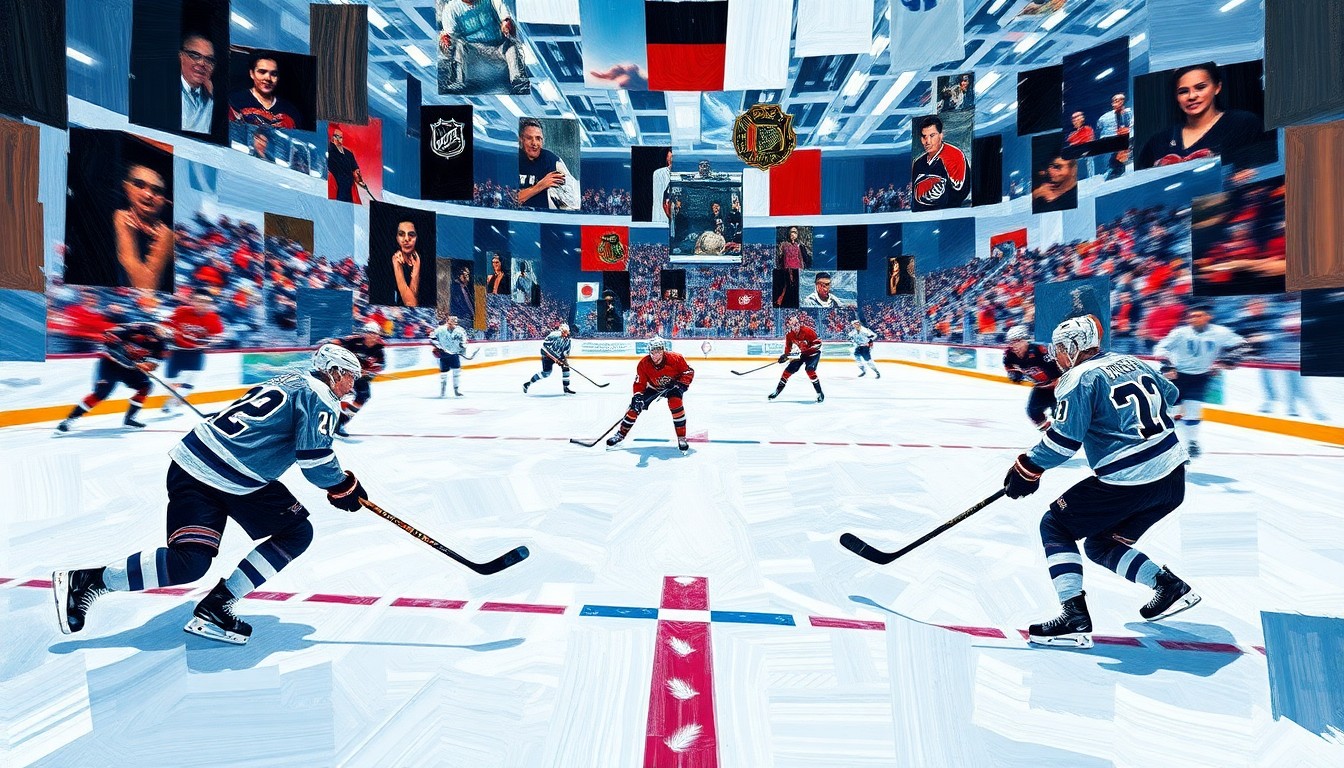 A fragmented, geometric painting in the style of Pablo Picasso, with sharp planes of ice, hockey sticks, and blurred player movements, conceptually representing the intense rivalries and close competition of the NHL playoffs.