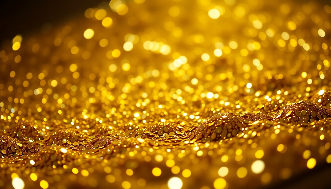 An extreme close-up of shimmering gold sequins captured in high-contrast studio lighting, conveying a sense of glamour and celebrity within the entertainment industry.
