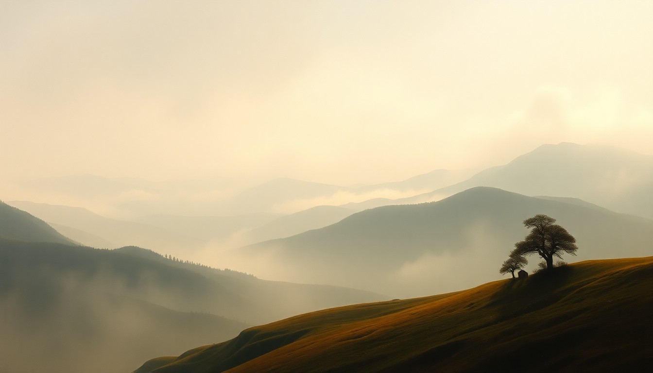 A sweeping, atmospheric landscape painting in muted tones of blue, grey, and green, with a small, indistinct structure barely visible in the distance, conveying the overwhelming scale and power of the natural world.