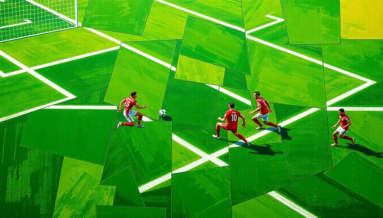 A cubist, geometric painting depicting a fragmented soccer match, with overlapping planes of green, white, and colorful uniforms, representing the logistical challenges of hosting a major international sporting event.