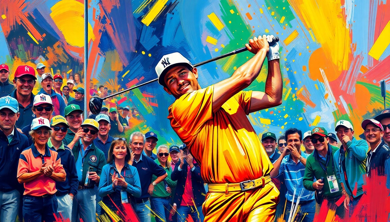 An abstract, energetic painting using bold, neon-colored brushstrokes to depict the dynamic motion of a professional golfer swinging a club, conveying the excitement and drama of the tournament's climactic finish.