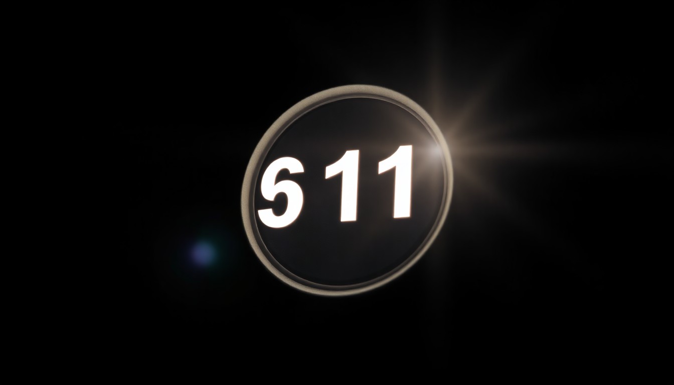An extreme close-up photograph of a 911 emergency call button, the harsh lighting and stark black background creating a sense of urgency and investigation around the critical role of emergency dispatchers.
