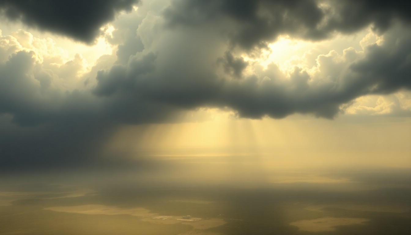 A sweeping, atmospheric landscape painting in muted tones of gray, blue, and green, with a dramatic, cloudy sky dominating the frame and obscuring any distinct physical structures or vegetation below.