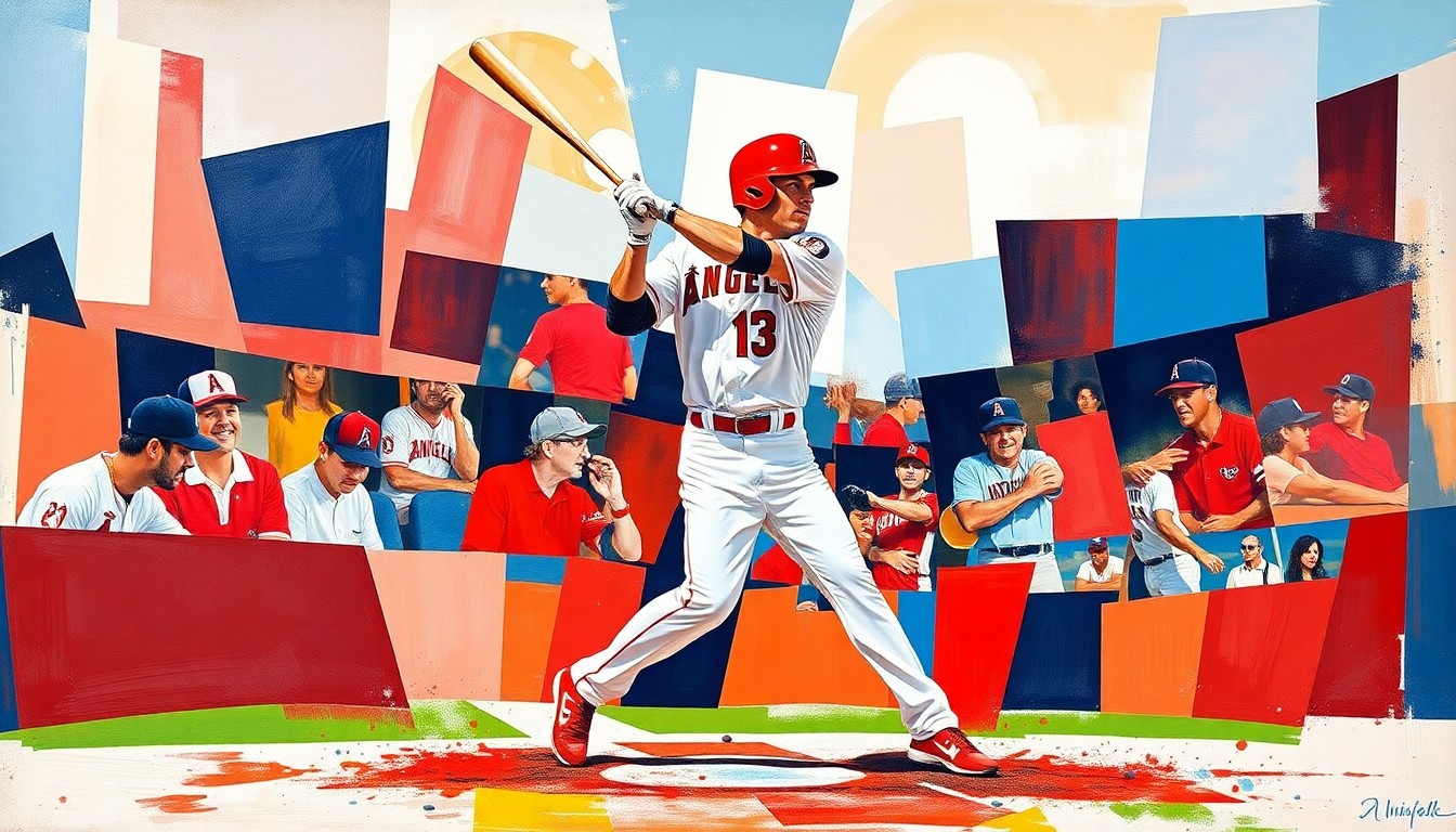 A fractured, multi-perspective painting depicting a baseball player's swing and home run celebration, broken down into sharp, overlapping geometric planes in vibrant red, white, and navy blue colors.