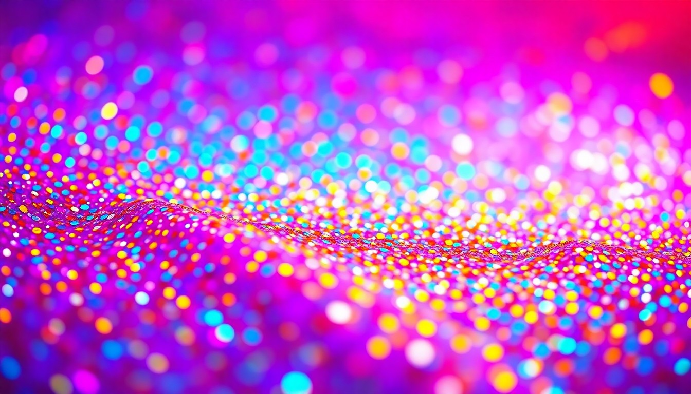 An extreme close-up photograph of shimmering, glittering sequins in a vibrant, high-contrast color palette of neon pink, electric blue, and shimmering gold, capturing the luxurious, high-fashion glamour of a major music festival stage.