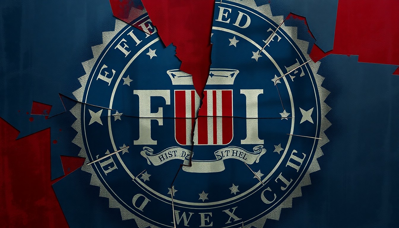 A fragmented, abstract painting of a shattered FBI emblem in deep blue, red, and grey tones, conveying a sense of institutional disruption and instability.