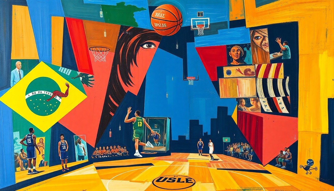 A fragmented, cubist-style painting depicting the dynamic action and energy of a basketball game, with sharp geometric shapes and planes in a vibrant color palette representing the competitive spirit and global growth of the sport.