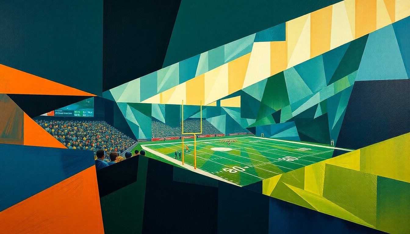 A cubist-style painting depicting a fragmented, geometric representation of a football game, with sharp, overlapping planes of color in navy, green, and orange, conveying the energy and unpredictability of the draft process.