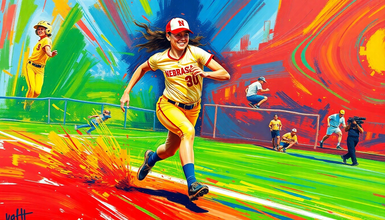 An abstract, energetic painting with bold, neon-colored brushstrokes capturing the dynamic motion of a softball player in action, conceptually representing Nebraska's offensive firepower in their weekend series victory.