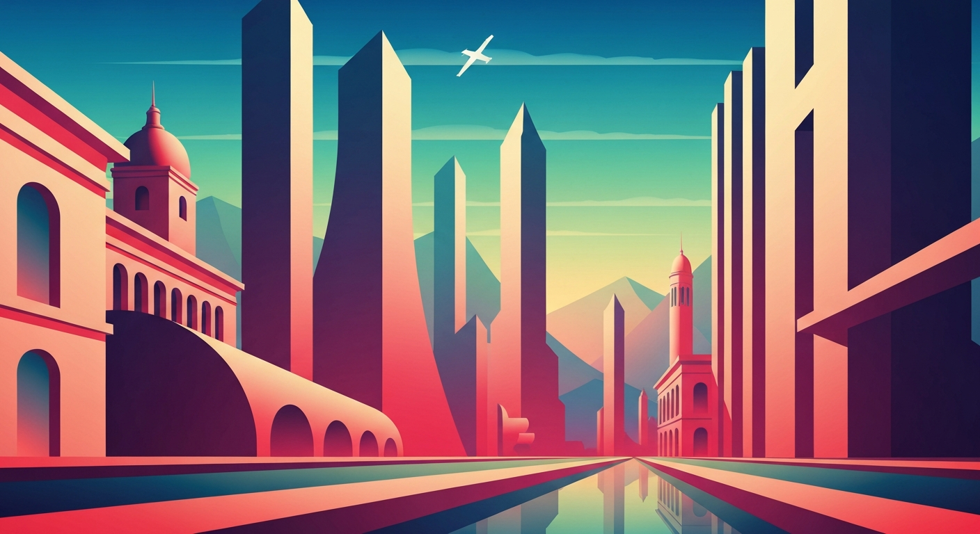 A bold, geometric illustration depicting the grand, sweeping architecture of a historic building, with smooth gradients and streamlined forms evoking the romance and scale of travel.