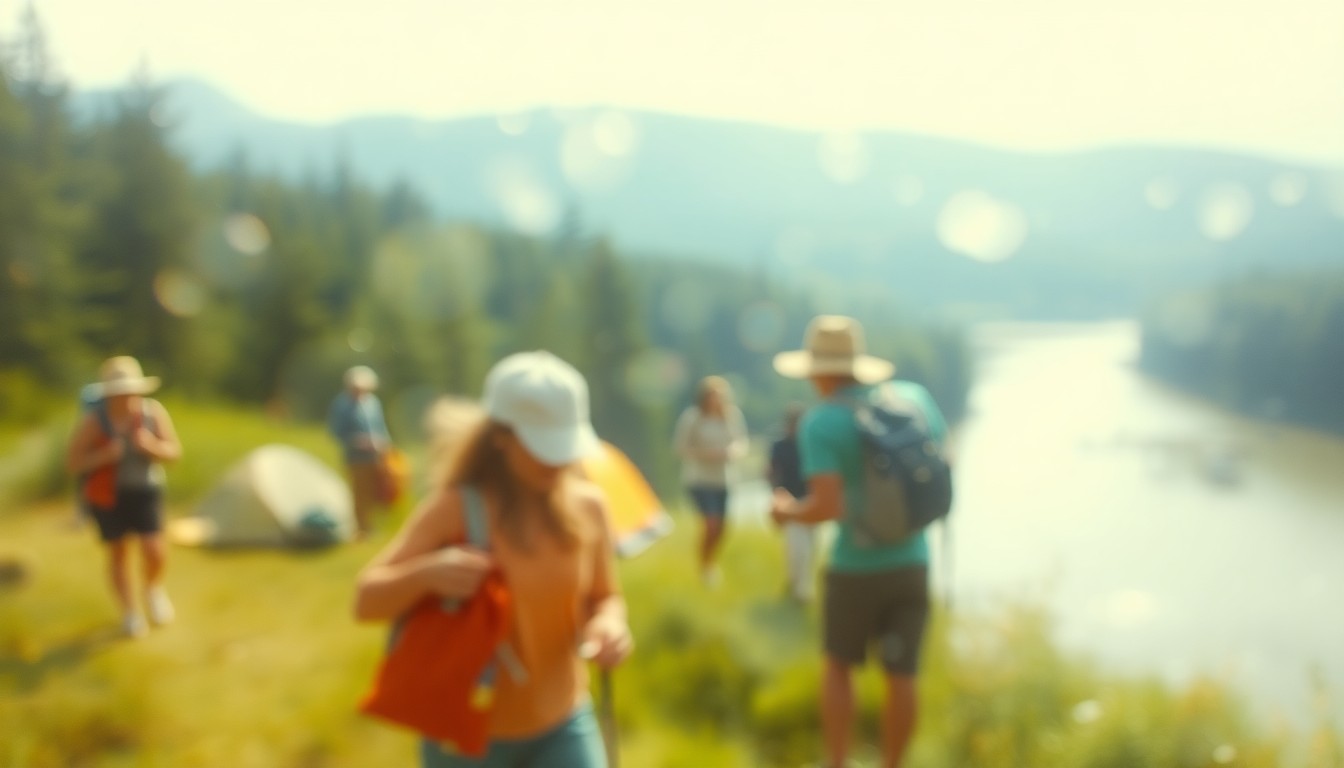 An impressionistic, out-of-focus photograph in soft, warm tones depicting the silhouettes of people engaged in various outdoor activities like hiking, camping, and fishing in a lush, verdant landscape, conceptually representing the joy and serenity of spending time in nature during the summer months.
