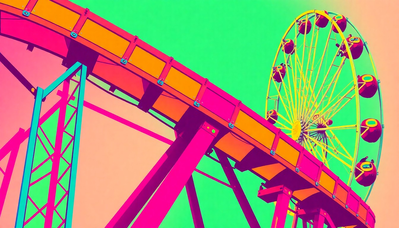 A vibrant, high-contrast silkscreen print featuring a repeated image of a classic amusement park roller coaster in bold, neon colors, conceptually representing the enduring popularity and community significance of this family-owned Phoenix institution.