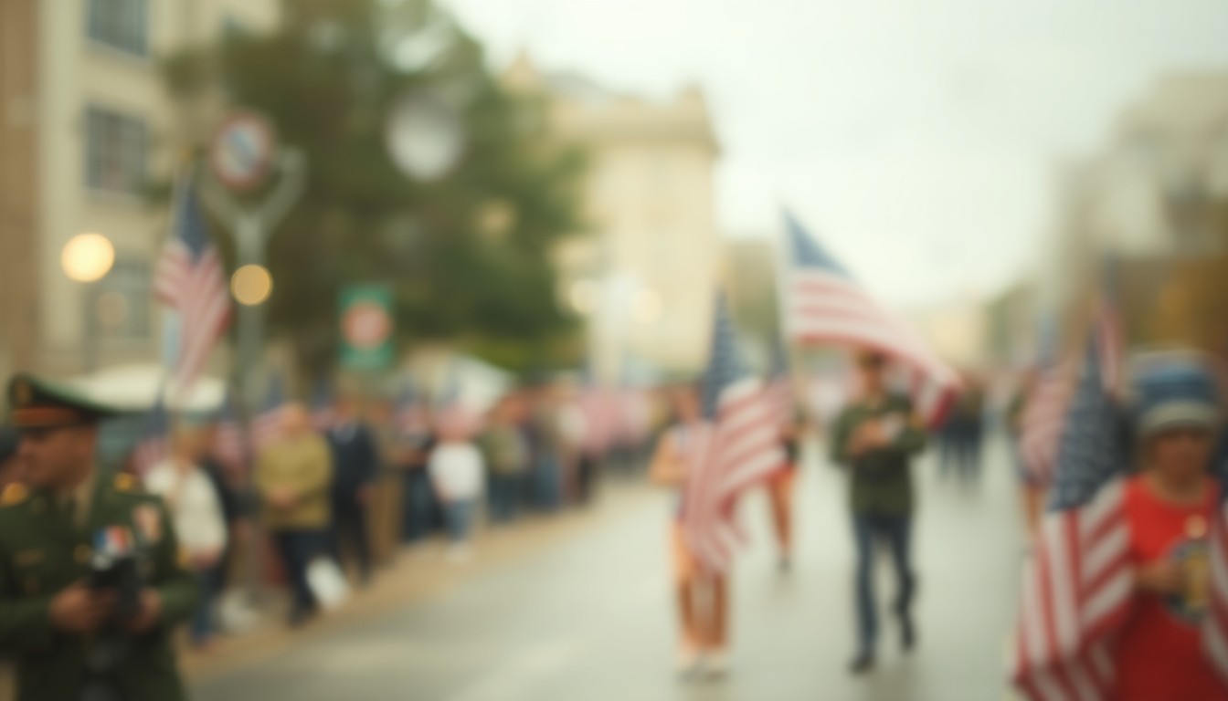 An abstract, impressionistic scene of a blurred veterans parade or memorial service, with soft, warm colors and a hazy, dreamlike quality.