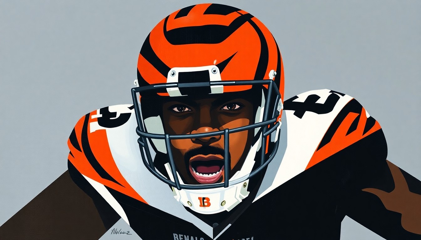 A fragmented, cubist-style painting depicting a defensive lineman's movements and actions, rendered in sharp geometric shapes and the Bengals' team colors of orange, black, and white.