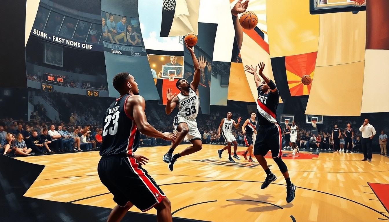 A fragmented, geometric painting depicting the action of a basketball game, with sharp, overlapping planes of color and form representing the players' movements and the energy of the playoff atmosphere.