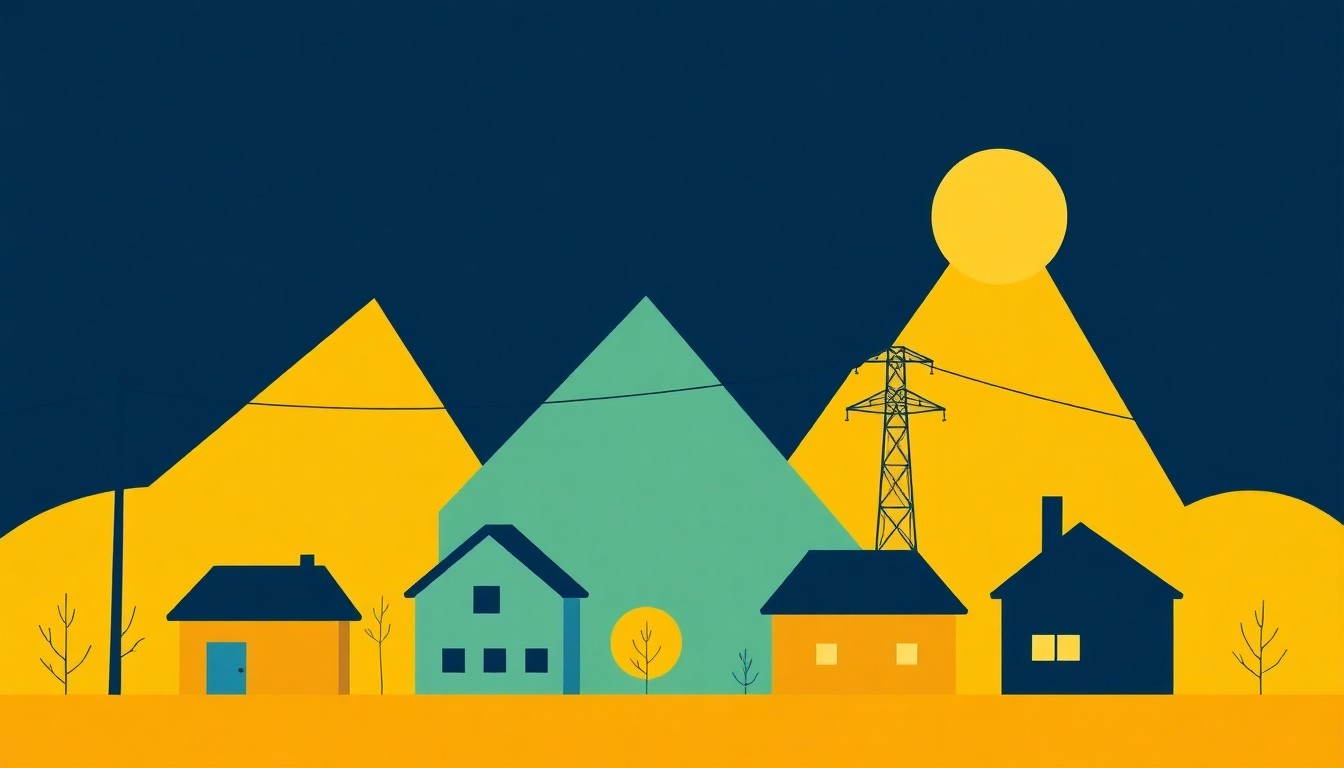 An abstract illustration featuring overlapping triangles and rectangles in navy blue, teal, and mustard yellow, conveying the financial pressures of rising energy costs on a community.