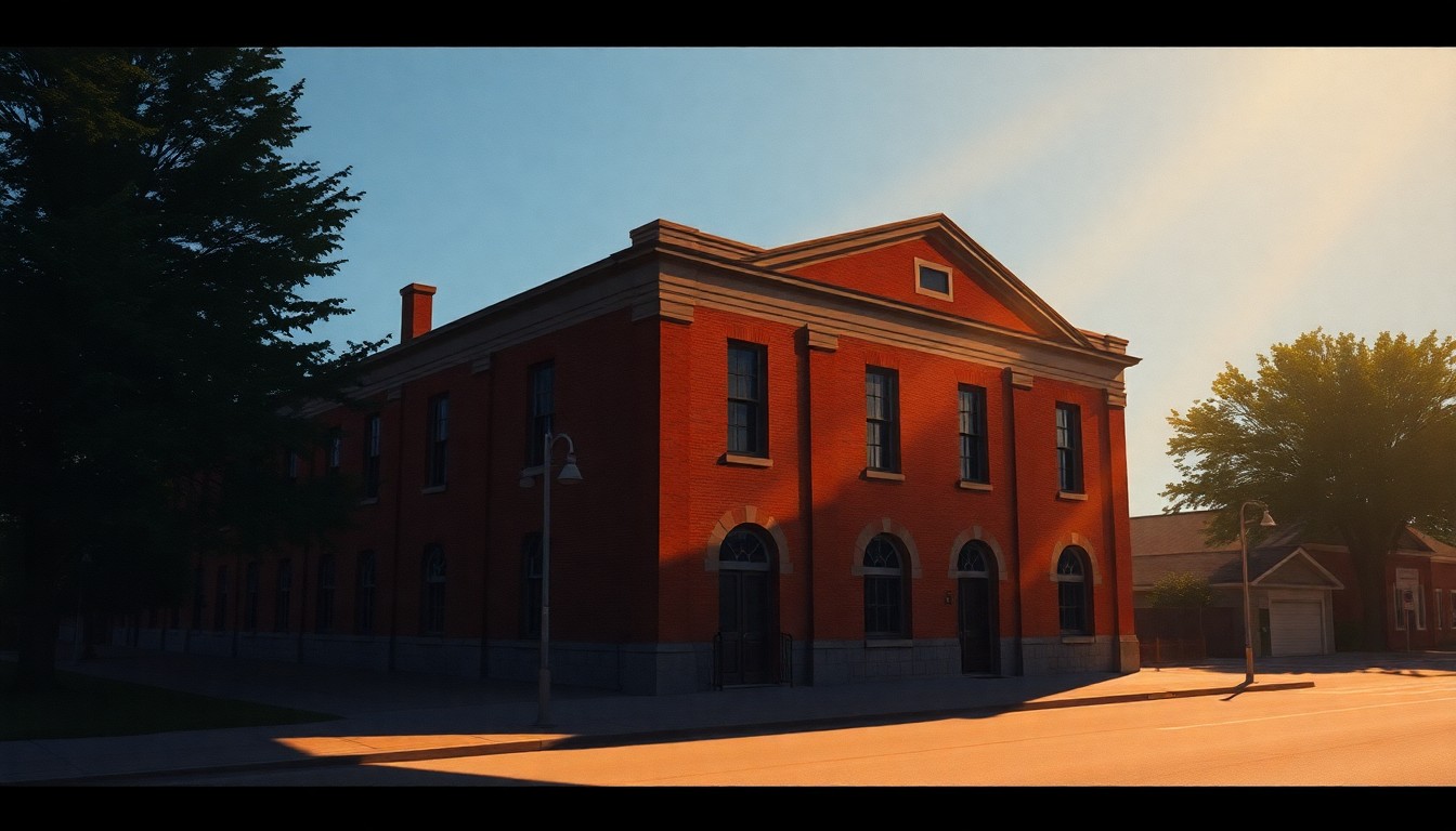 A photorealistic painting of the exterior of the Matheson History Museum, a two-story brick building with arched windows and a prominent entryway, bathed in warm, golden light and deep shadows, conveying a sense of historic significance and community pride.