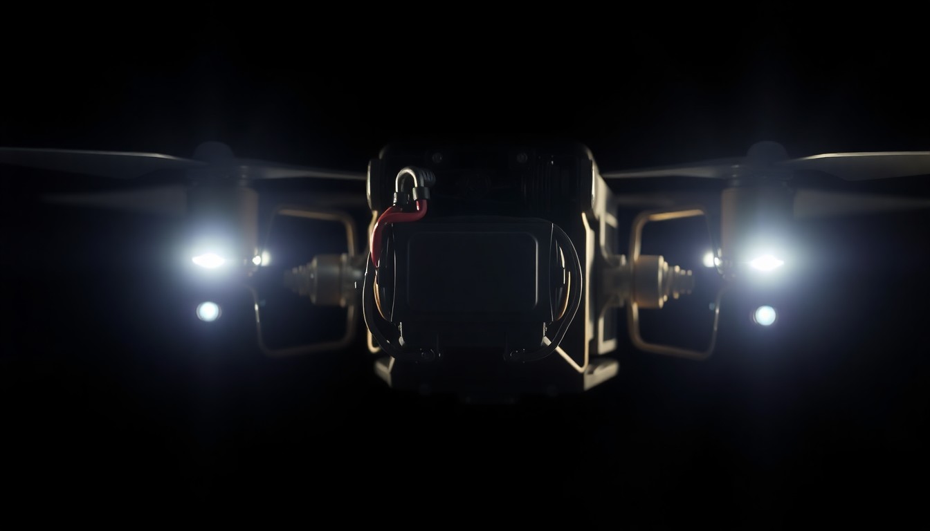 An extreme close-up photograph of a disassembled drone component, its metallic parts and wiring lit by a harsh, direct camera flash, conceptually illustrating the investigation into an illegal arms deal.