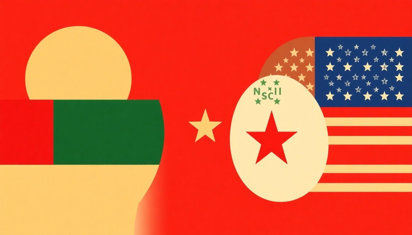 A bold, abstract illustration composed of intersecting triangles and rectangles in shades of blue, red, and yellow, representing the complex economic and political dynamics between the UAE and the U.S. amid regional conflicts.