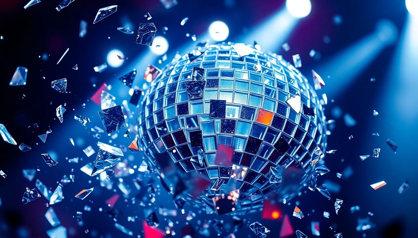 An abstract close-up photograph of shattered, glittering glass fragments reflecting bright stage lighting, conveying the high-energy, glamorous spirit of a Foo Fighters concert.