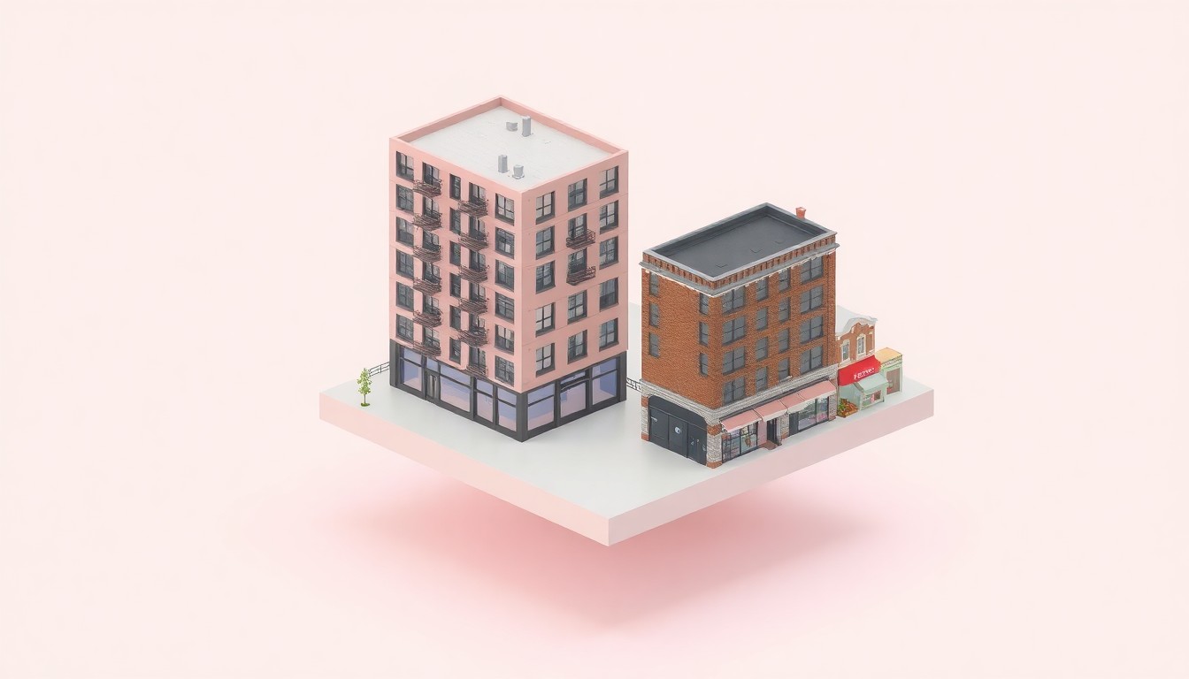 A miniature, stylized 3D illustration depicting a modern mixed-use development with an 8-story residential building, a preserved historic warehouse, and ground-floor commercial spaces, all rendered in a clean, editorial style with bold colors and soft lighting.