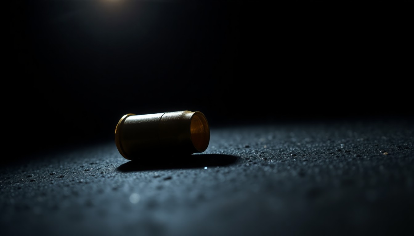 An extreme close-up photograph of a single spent shell casing on a dark, shadowy surface, lit by a harsh, direct camera flash, conceptually representing the tragic aftermath of a domestic violence incident.