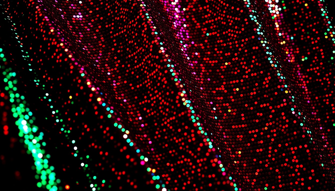 An extreme close-up photograph of a shimmering, sequined fabric in deep blues, greens, and purples, capturing the high-fashion glamour and drama of the Broadway stage.