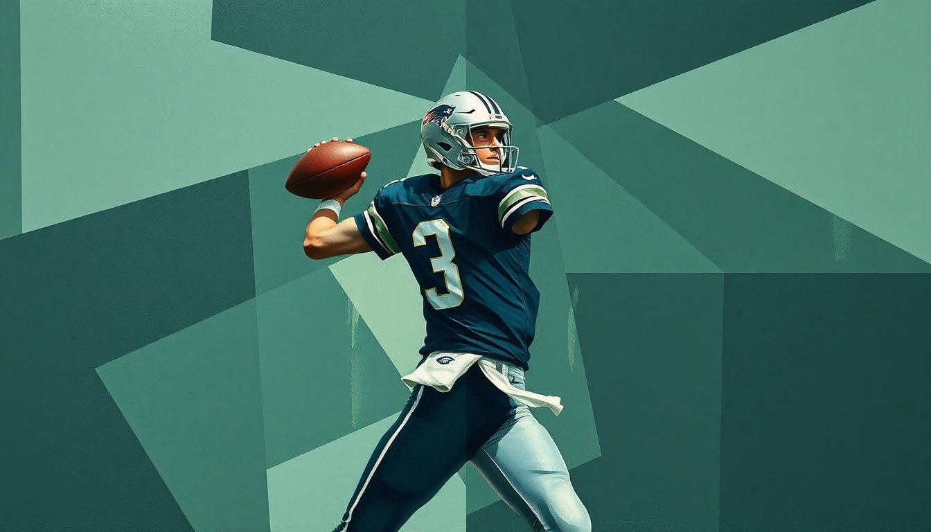 A fractured, cubist-style painting depicting a quarterback dropping back to pass, with the player's form broken down into sharp, overlapping geometric shapes in muted colors, conceptually representing the complex roster decisions facing the Saints.