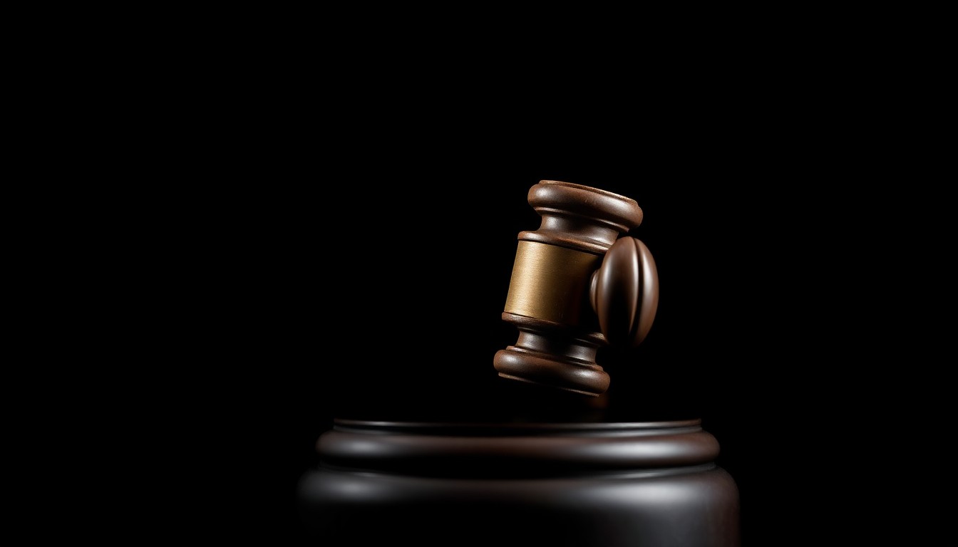 An extreme close-up photograph of a wooden gavel against a stark black background, the harsh lighting creating dramatic shadows and textures to convey the gravity of the court's decision in this high-stakes bankruptcy case.
