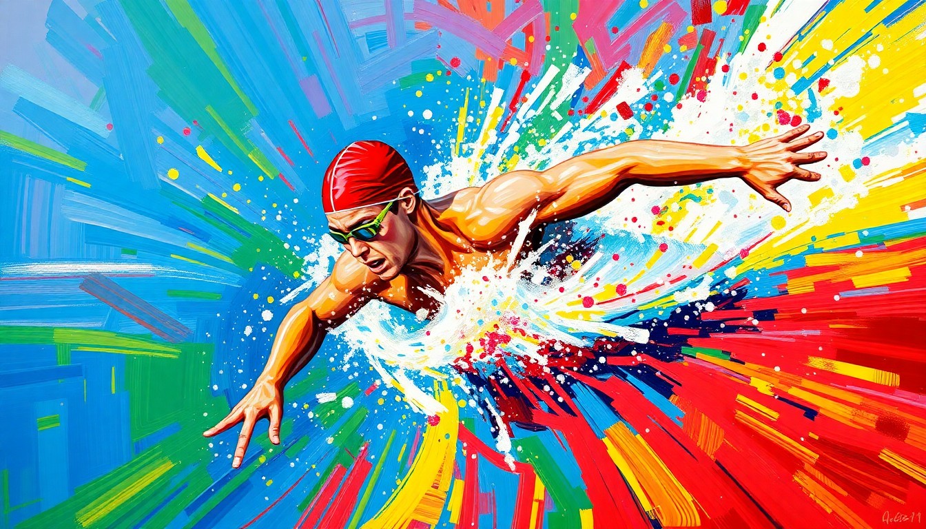 An abstract, energetic painting featuring bold brushstrokes in neon blues, greens, and oranges, capturing the dynamic motion and power of a swimmer cutting through the water.