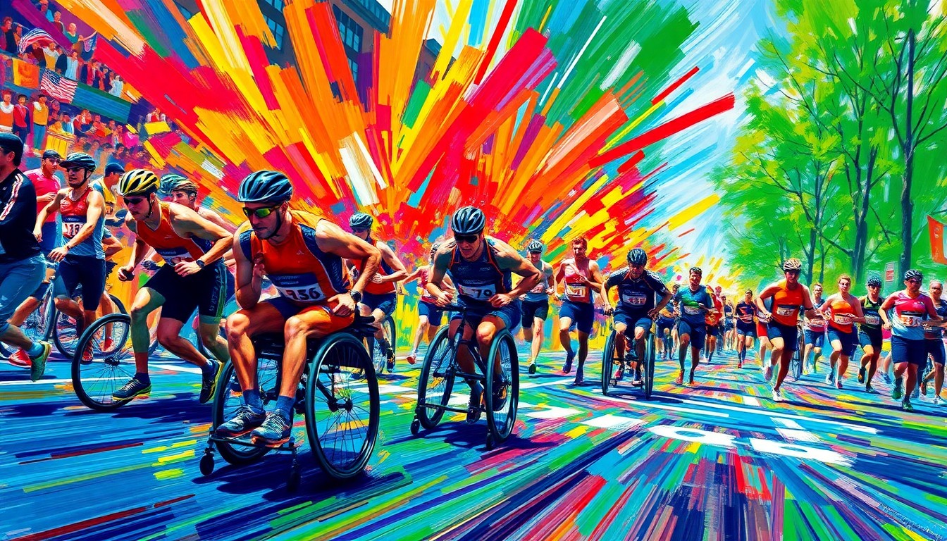 A dynamic, abstract painting in neon colors depicting the explosive movement and energy of wheelchair racers and runners at the start of the Boston Marathon.