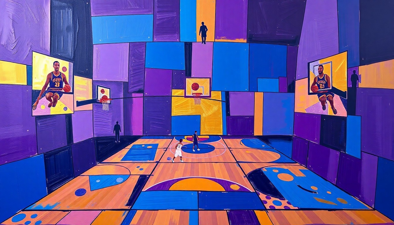 A fragmented, geometric painting depicting a basketball court and players in a palette of deep purple, royal blue, and metallic gold, representing the complex and multi-faceted nature of LeBron James' future plans.