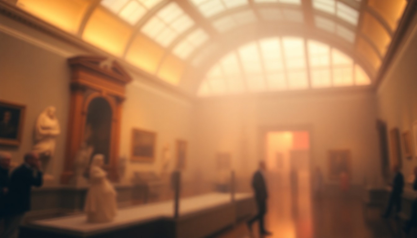 An abstract, impressionistic photograph in soft, warm tones depicting blurred shapes and forms that suggest the interior of a museum, conveying a sense of exploration and discovery.