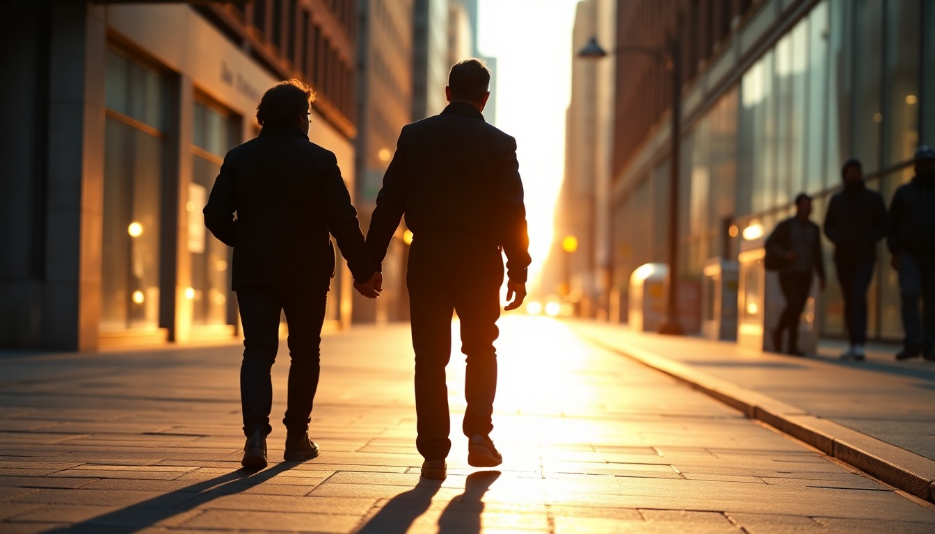 An abstract, impressionistic photograph showing the blurred outlines of two people walking together down a city street, with soft, colorful light reflecting off the pavement, conveying a sense of shared experience and community.