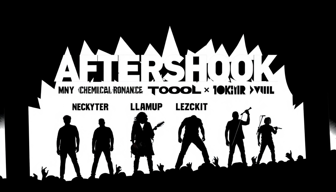 A bold, abstract composition of jagged geometric shapes in high-contrast red, white, and black, conceptually representing the diverse musical genres and energy of the Aftershock Festival lineup.