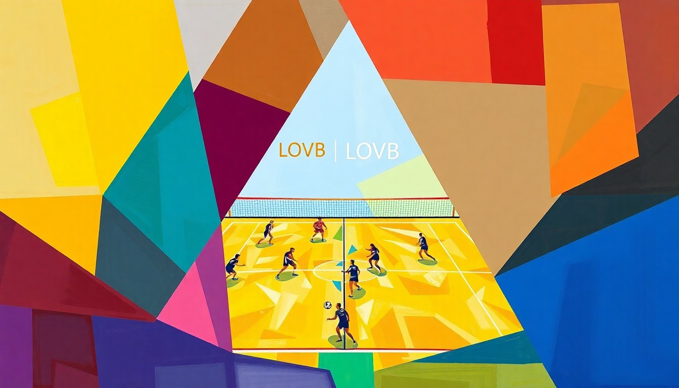 A cubist, geometric painting depicting the intense action and drama of a LOVB volleyball championship match, with the players and court fragmented into overlapping planes of color.