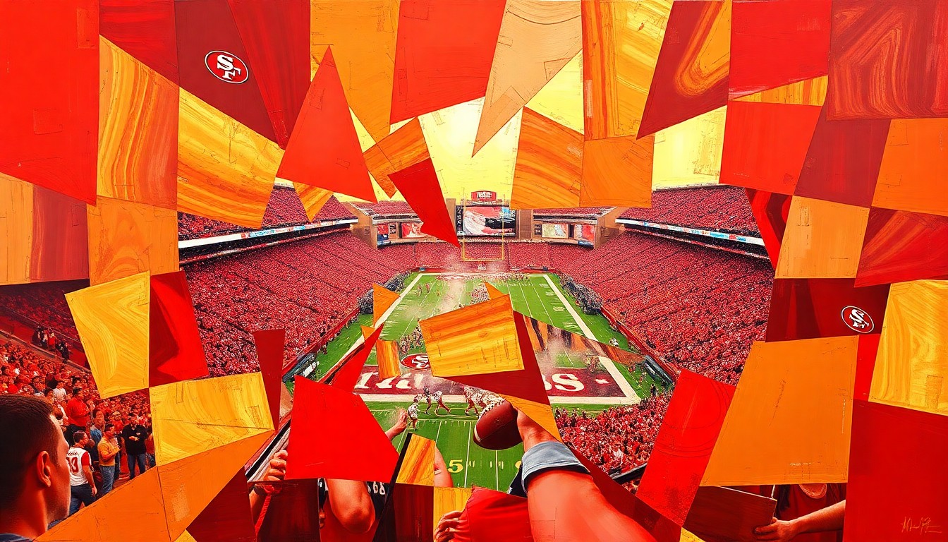 A fragmented, cubist-style painting depicting a 49ers football game, with the players and field broken down into sharp, overlapping geometric shapes in the team's signature red and gold colors, conceptually representing the team's plans to rebuild their defense through the draft.