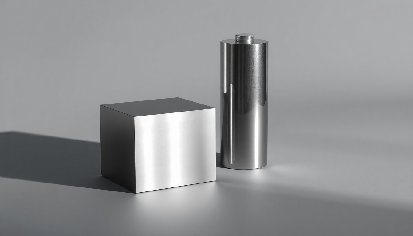 A photorealistic studio still life featuring a polished metal cube and cylindrical battery or energy storage device, symbolizing the abstract concepts of grid optimization and utility technology.