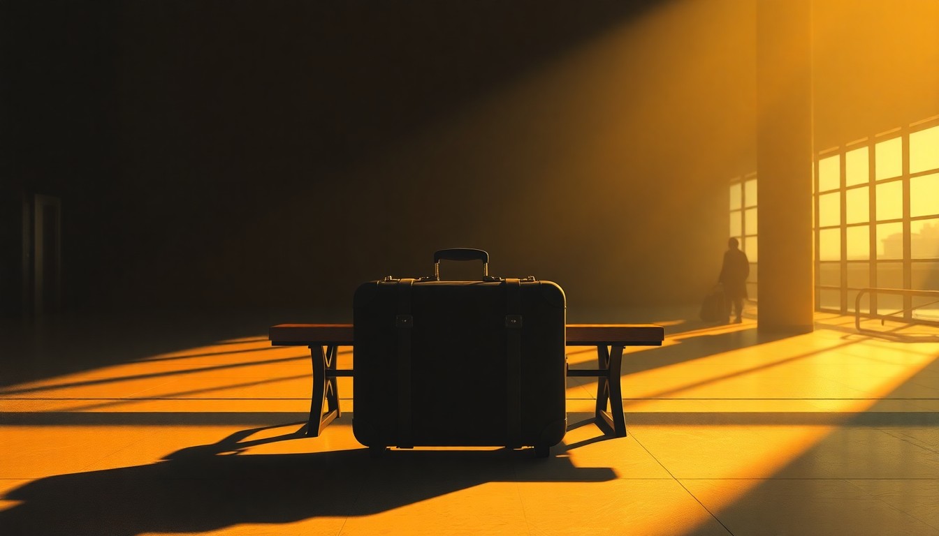 A realistic oil painting depicting a solitary suitcase sitting on a wooden bench in an empty airport terminal, with warm diagonal sunlight and deep shadows creating a contemplative, cinematic mood.
