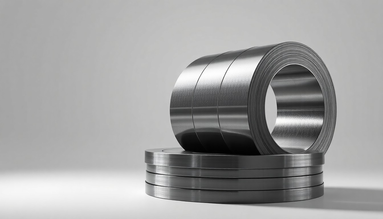 A photorealistic studio still-life image featuring a stack of shiny, reflective hot-rolled steel coils against a clean, monochromatic background, conceptually representing the strength and value of this essential industrial material.