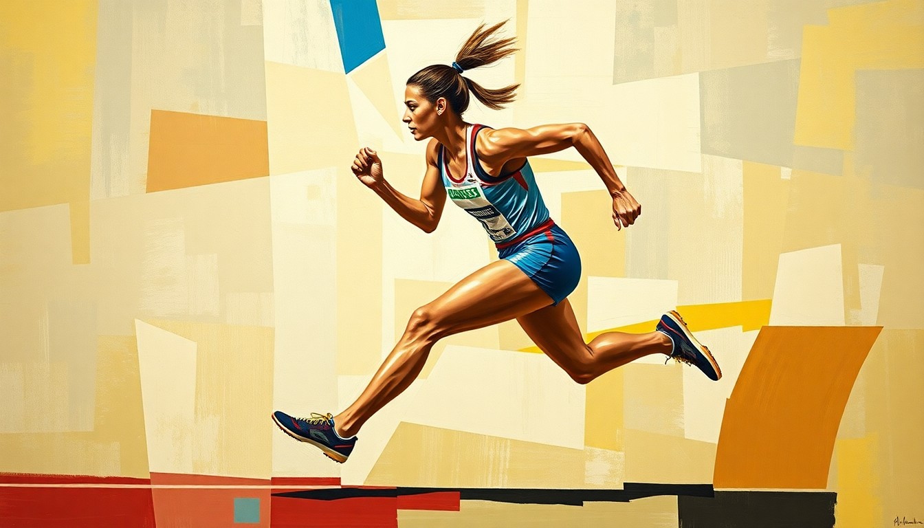 A cubist, fragmented painting depicting a female track and field athlete in mid-stride, with her body broken down into sharp, overlapping geometric shapes that convey the dynamic energy and power of the sport.