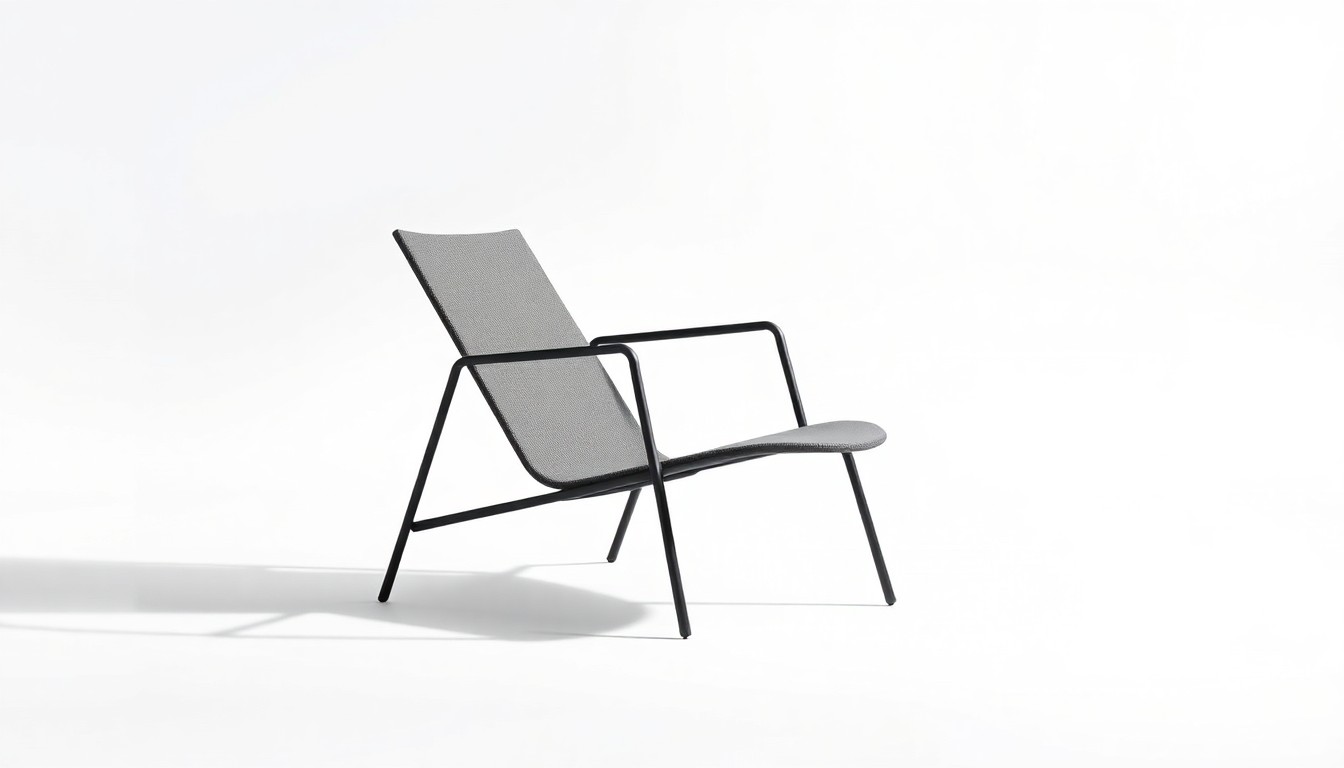 A photorealistic studio still-life photograph of a sleek, powder-coated aluminum outdoor lounge chair, arranged elegantly on a clean, monochromatic background to showcase the premium materials and thoughtful design.
