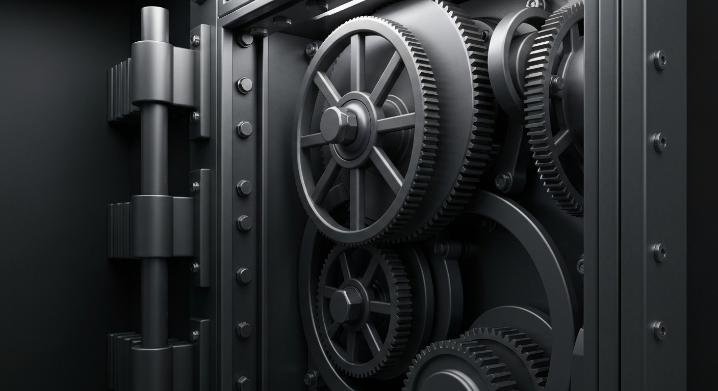 A cinematic close-up of the heavy, metallic gears and mechanisms of an industrial bank vault, conveying a sense of institutional power and financial security.