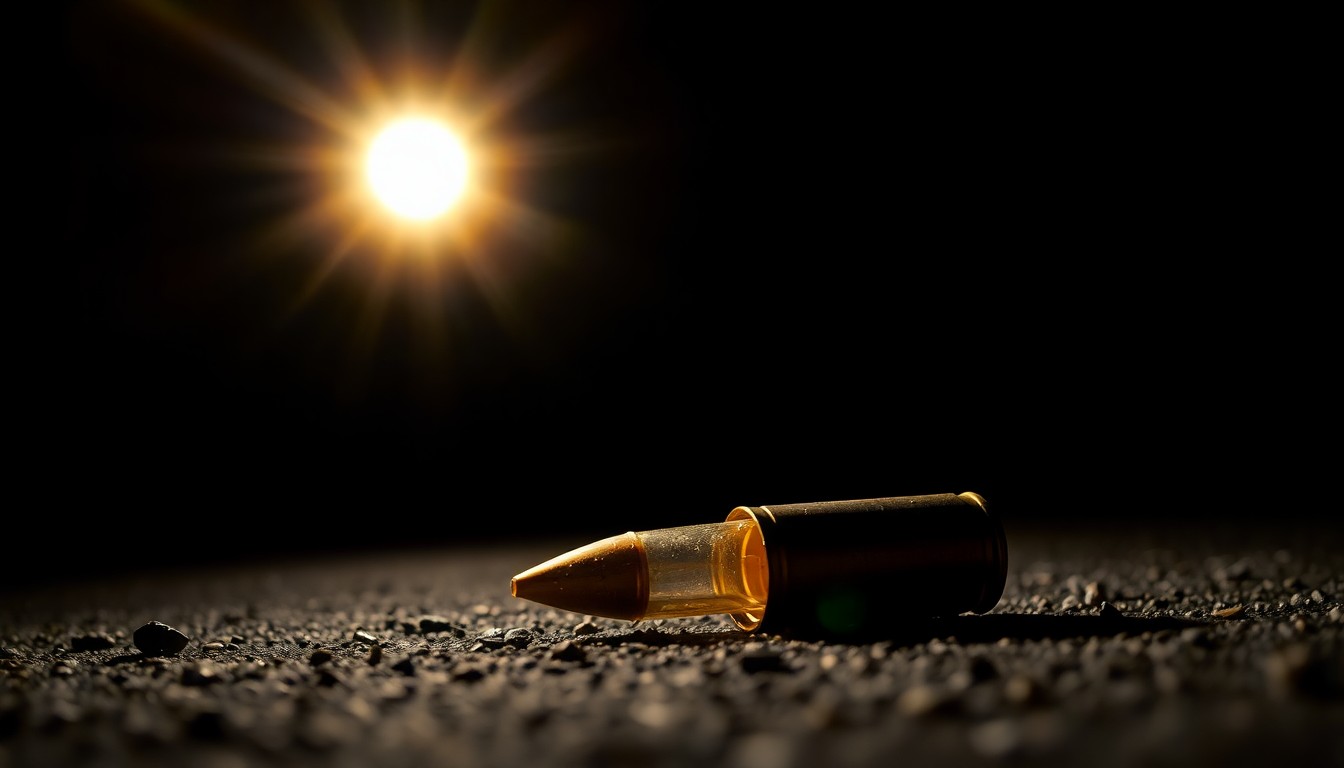 An extreme close-up of a spent shell casing on the ground, conveying the gritty aftermath of a shooting incident through dramatic lighting and stark composition.