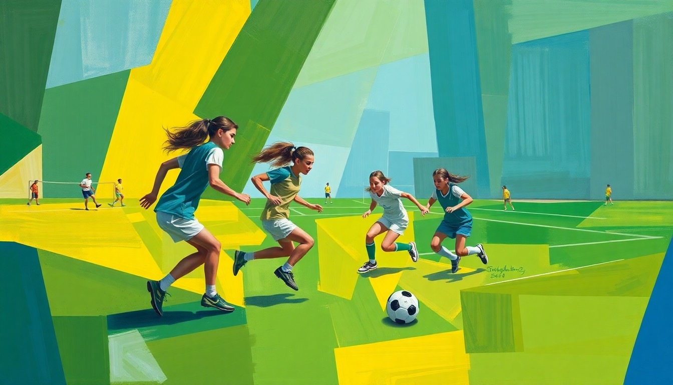 A cubist-style painting featuring overlapping geometric shapes and planes in vibrant shades of green, blue, and yellow, conceptually representing the strategic movements and energy of a girls' soccer match.