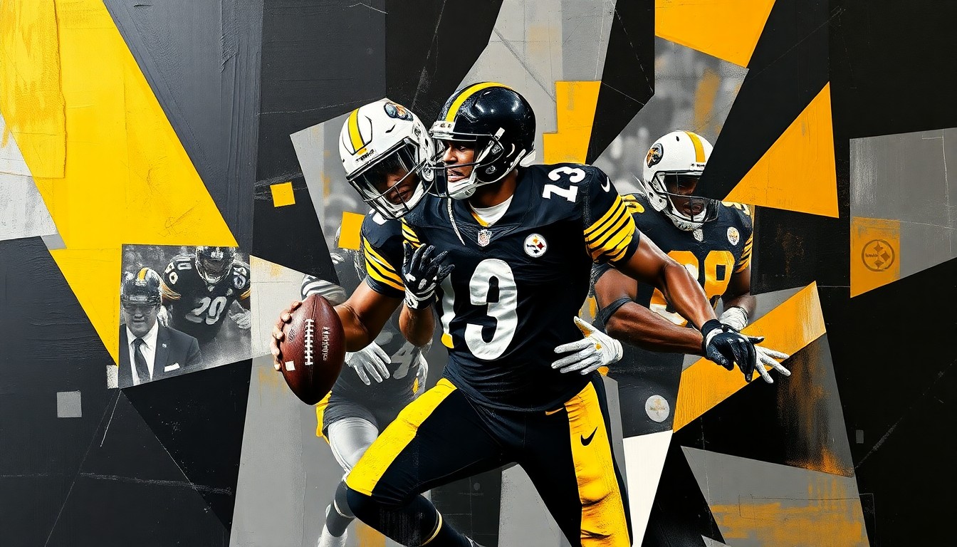 A fragmented, geometric painting in black, gold, and grey tones, capturing the dynamic motion and energy of a Steelers football player or game in an abstract, cubist style.