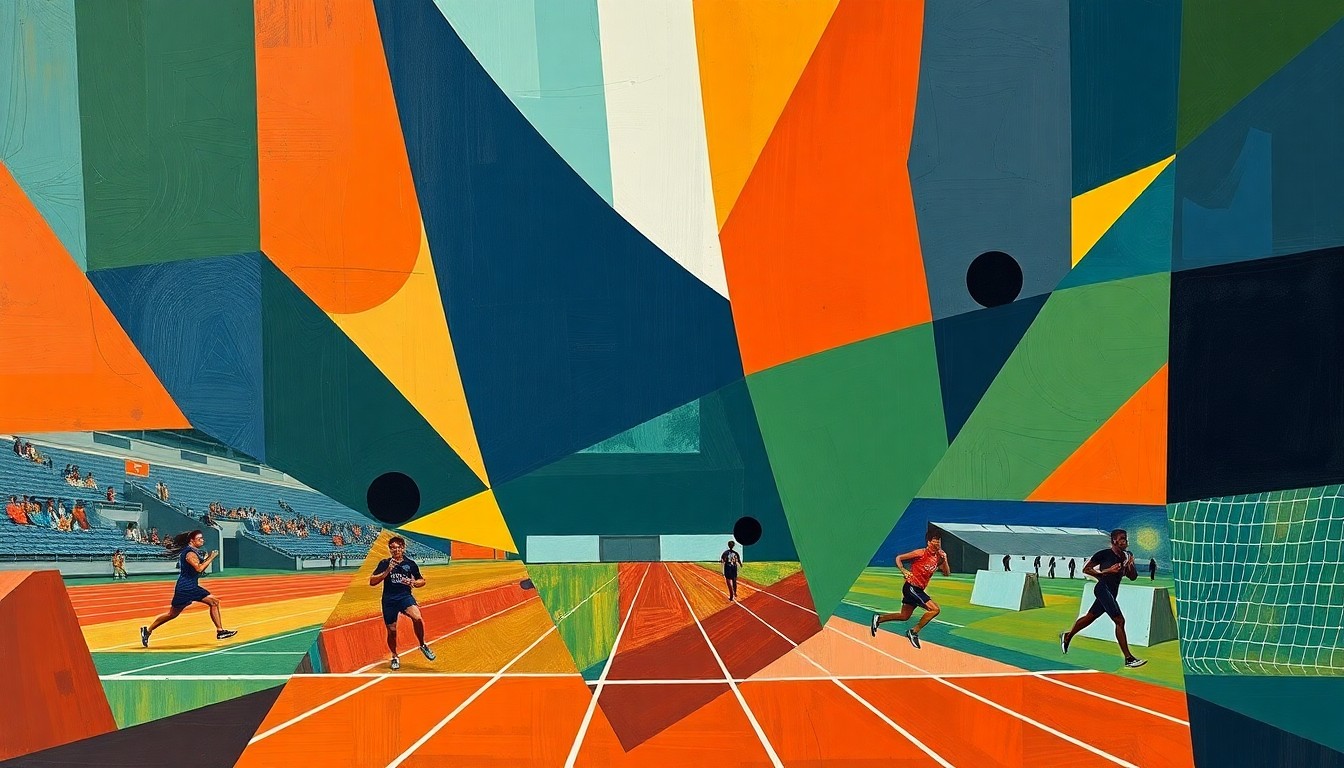 A cubist, geometric painting depicting the chaotic motion and energy of a high school track and field competition, with overlapping planes of navy, green, and orange conveying the dynamic nature of the event.
