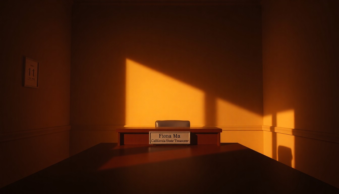 A solitary government office desk with a nameplate in the center, bathed in warm light and deep shadows, conceptually representing the political implications of the treasurer's connections to the troubled school.