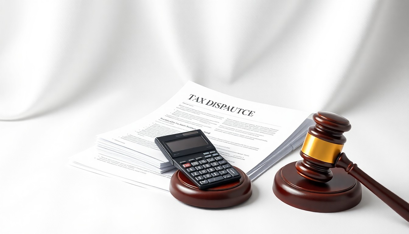 A photorealistic studio still life featuring a stack of legal documents, a calculator, and a gavel arranged on a clean, monochromatic background, conceptually representing the abstract corporate strategy and legal complexities of a tax dispute.